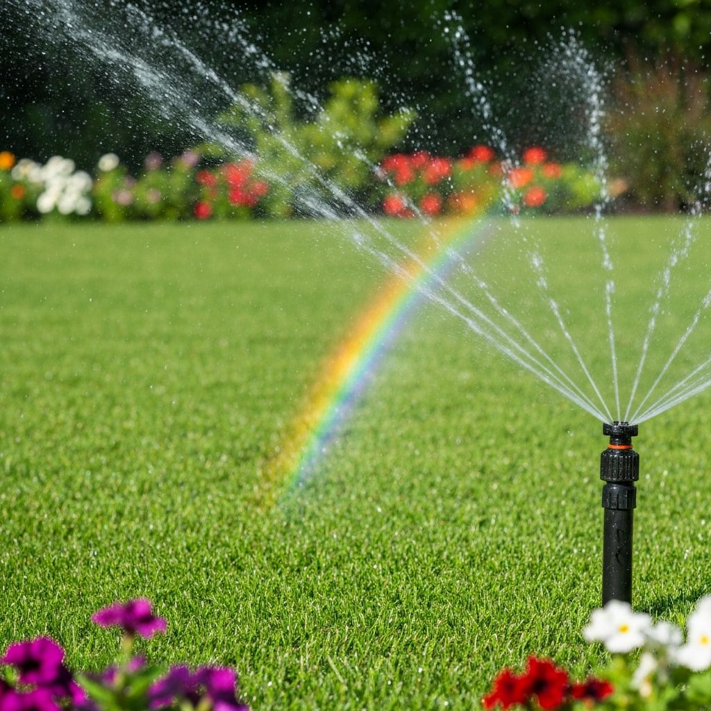 Professional irrigation sprinkler system watering a green lawn