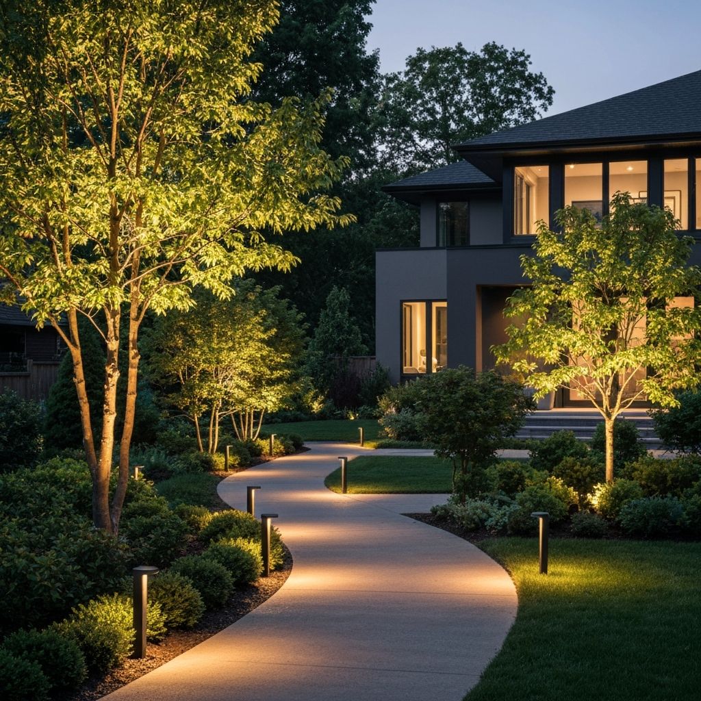 Warm landscape lighting along a garden pathway at dusk