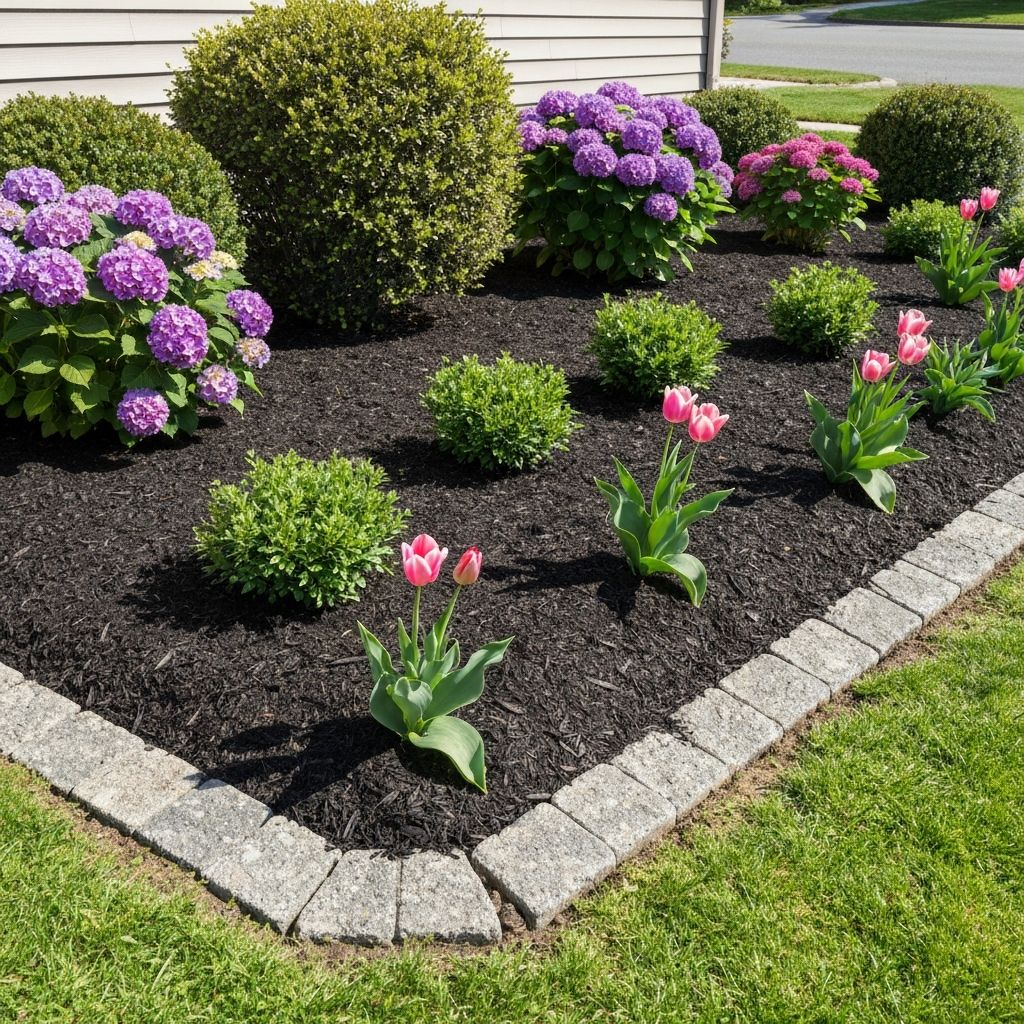 Fresh dark mulch being spread in a clean landscaping bed
